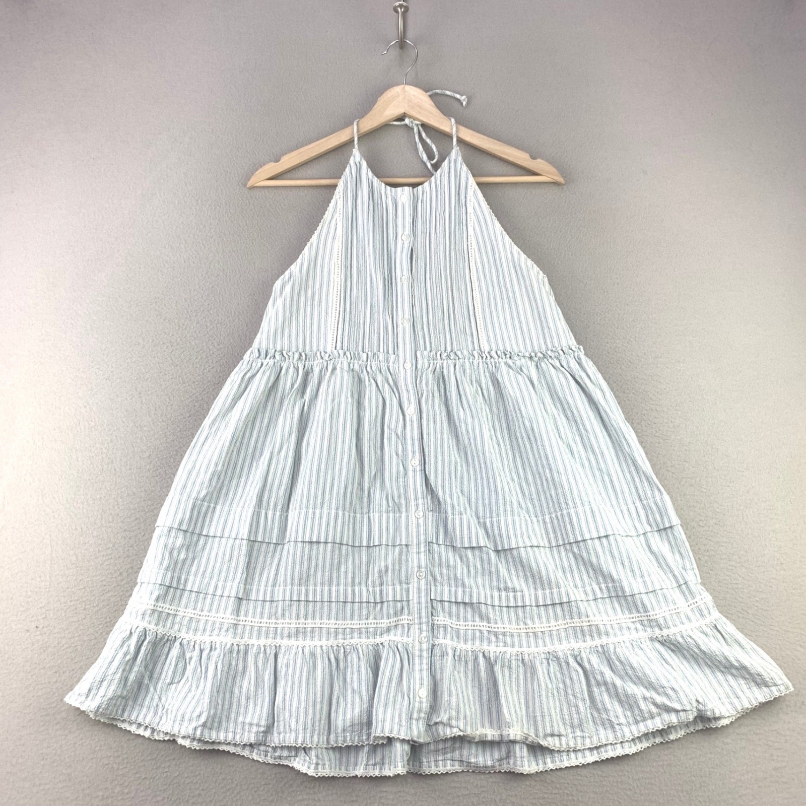 Free People Blue Striped Halter Dress Womens Small Boho Button Front Tiered Mini