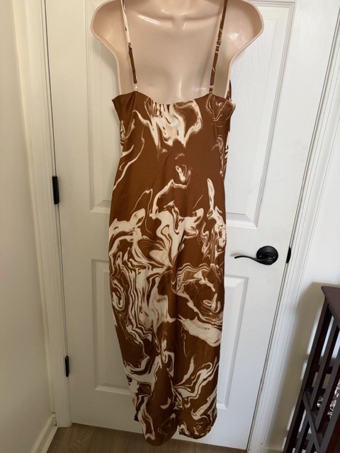 NWT NICHOLE LYNEL Brown White Side Adjustable Rouching Sleeveless Dress, Medium
