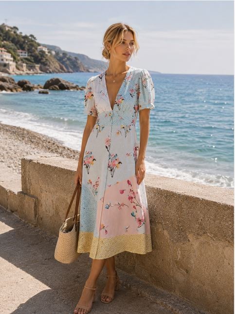 Ted Baker Patchwork Sample Dress Silk Viscose Deep V Neck Size UK 10 Floral