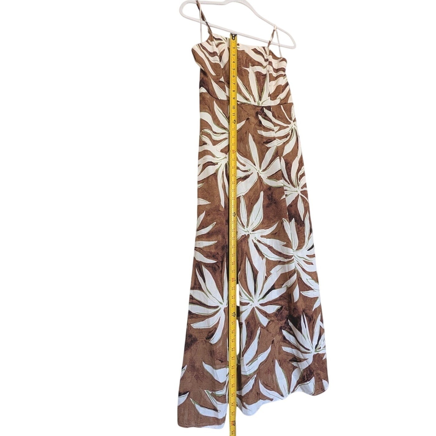 Rachel Zoe Brown White Tropical Palm Print Maxi Dress Linen Blend Small Pockets