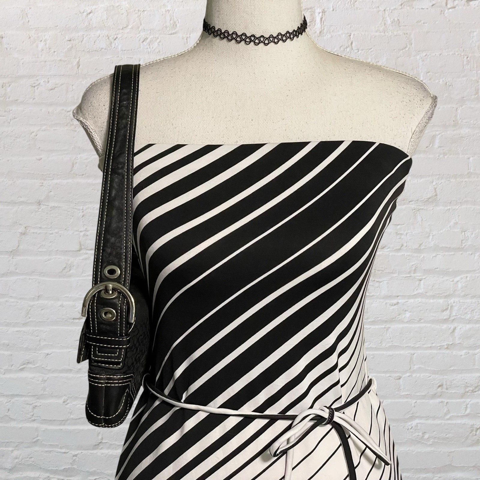 vintage y2k op-art black white diagonal stripe glam strapless dress S/M party