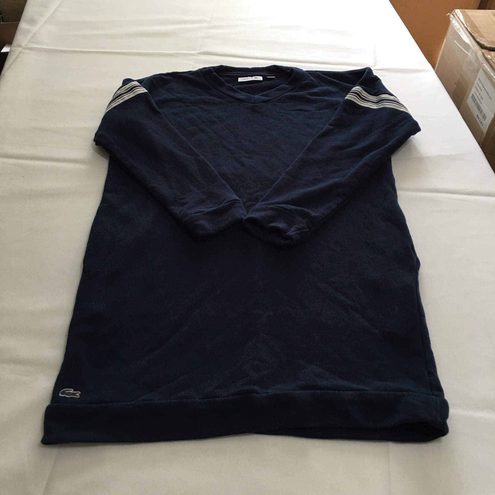 Lacoste Sweatshirt Dress Womens 38 Navy Blue V-Neck Varsity Stripe
