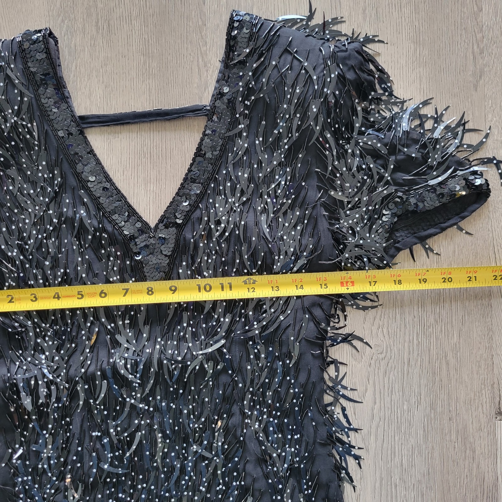 Vintage 100% Silk Black Polka Dots Sequined Beaded Fringe V-neck Dress Sz Medium