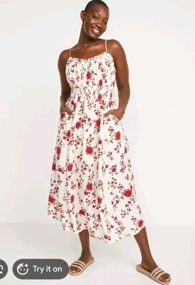 Old Navy Women’s Fit & Flare Cami Midi Floral Sundress Smocked Romantic Sz L