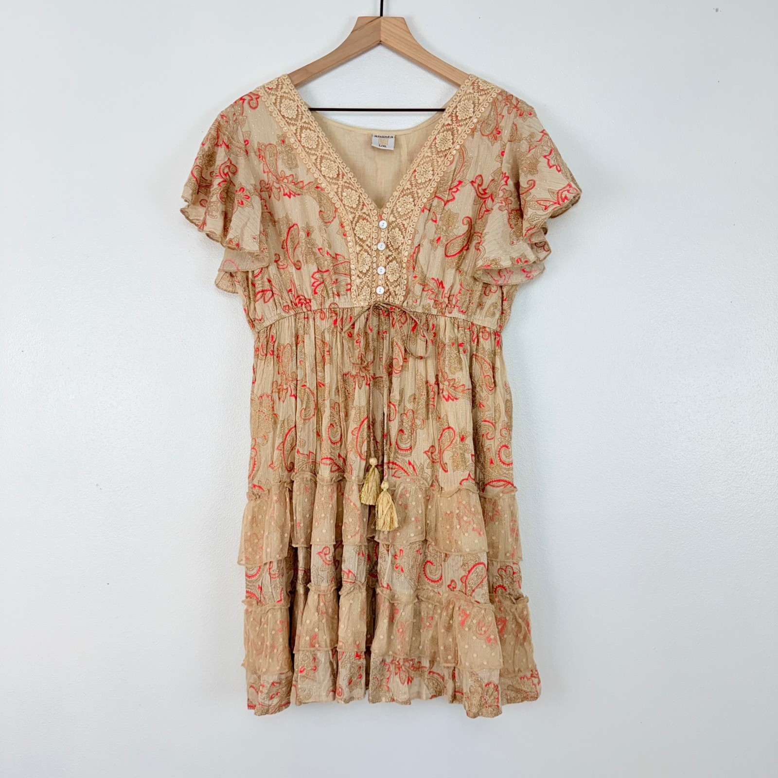 Ananta Paisley Boho Mini Dress Size L Tan Pink Crochet Lace Tiered Ruffle Tie