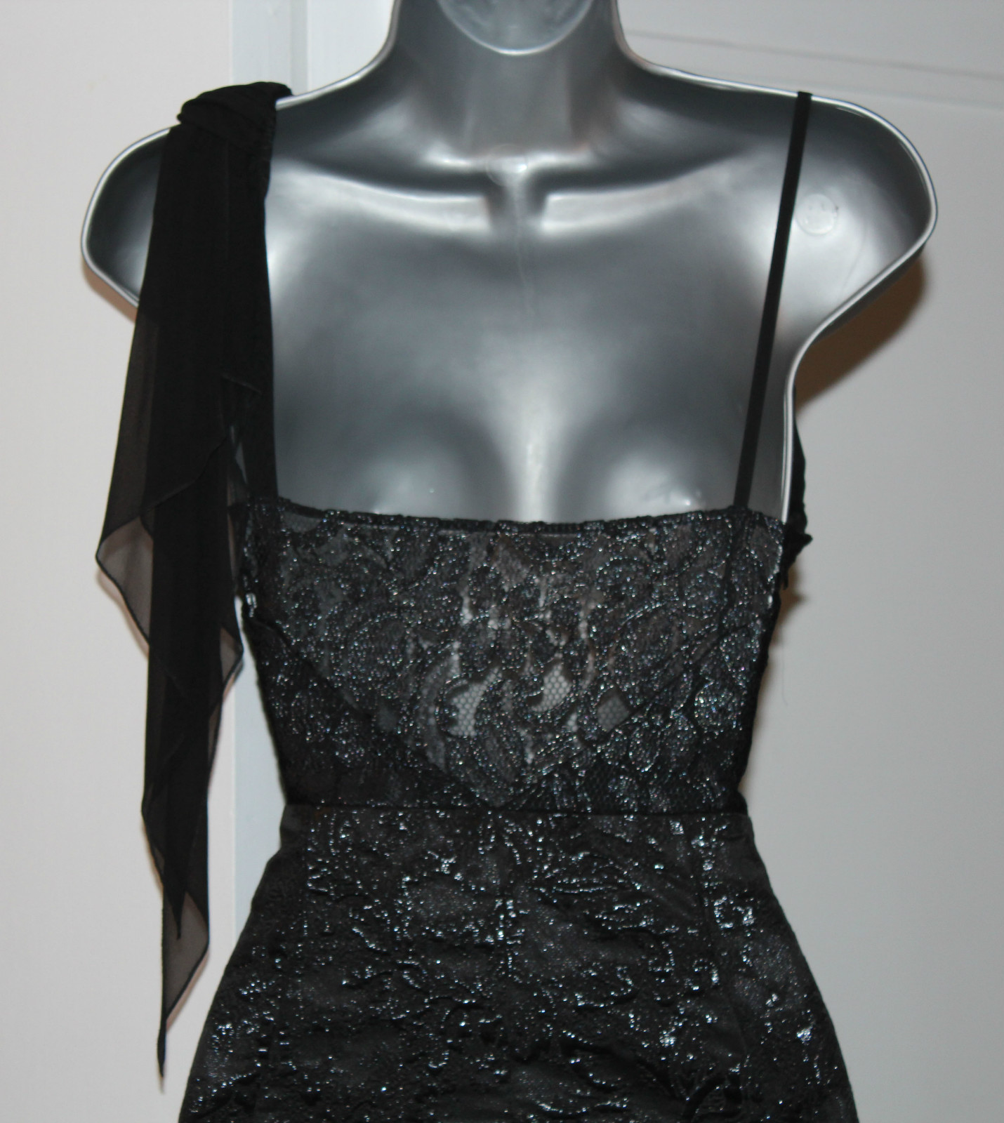 Karen Millen UK 10 Metallic Jacquard Black Lace Chiffon Drape Neck Dress EU 38