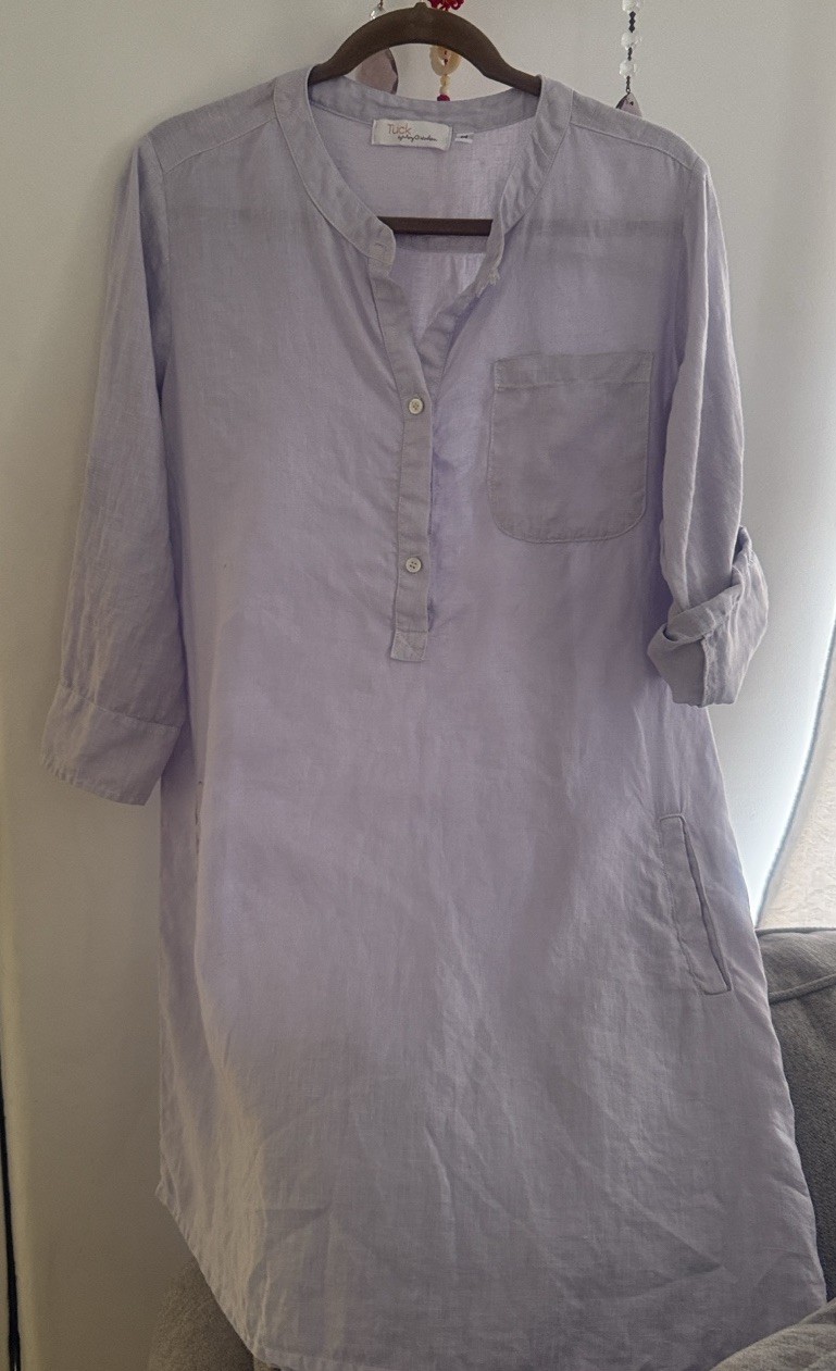 Tuck Pasadena 100% linen lavender Dress pockets, Made In US Size Medium EUC