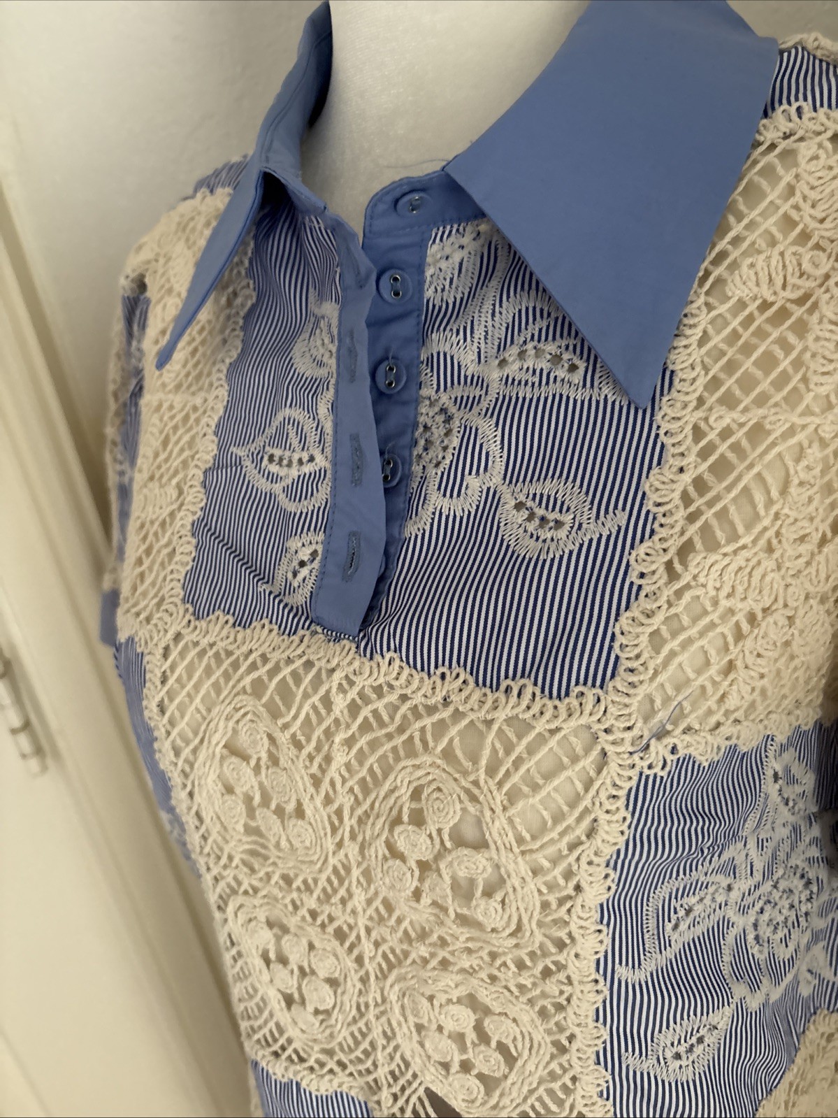 Sofie the label Blue Ivory Crochet Shirt Dress S Collared Puff Sleeve Button