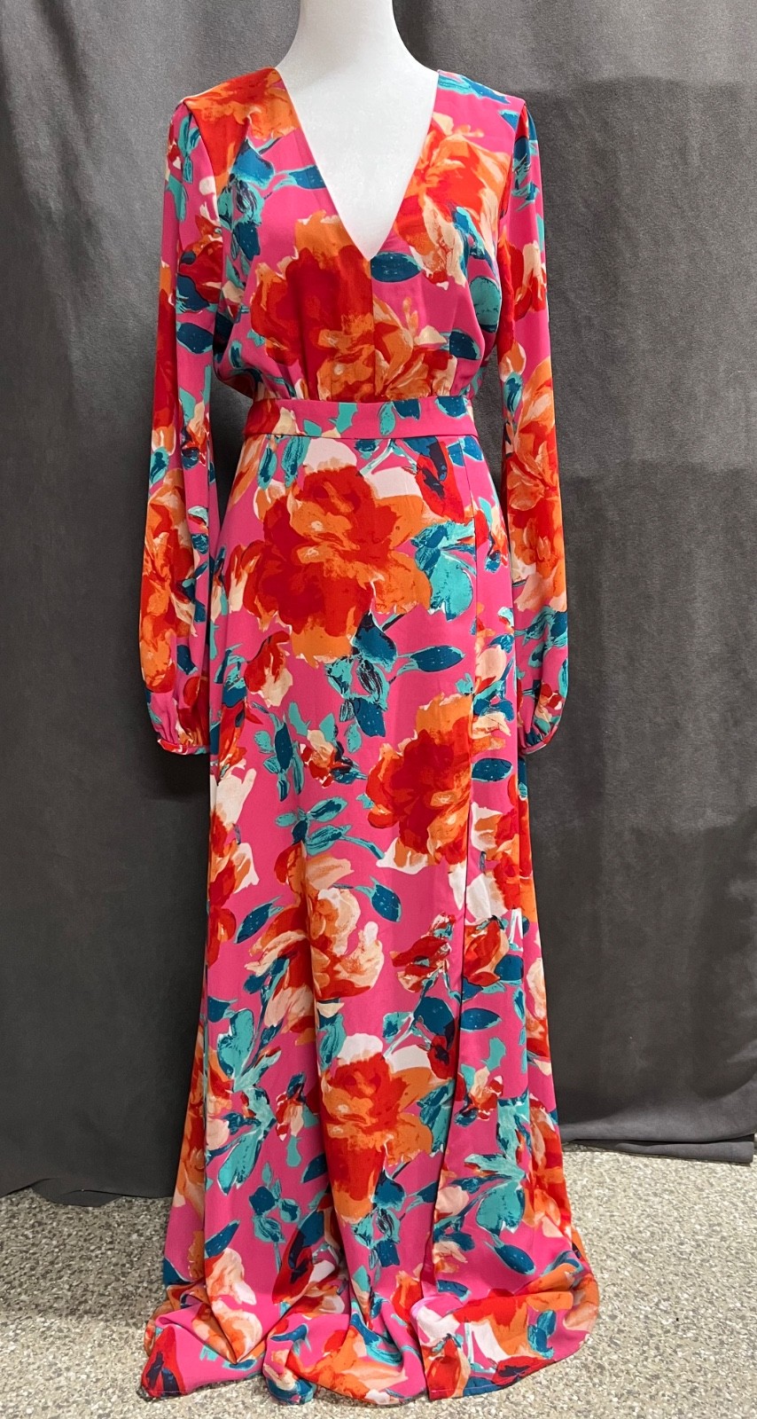 En Creme Dress Sophie Pink Red Floral Long Sleve Maxi Dress Side Slit Size S