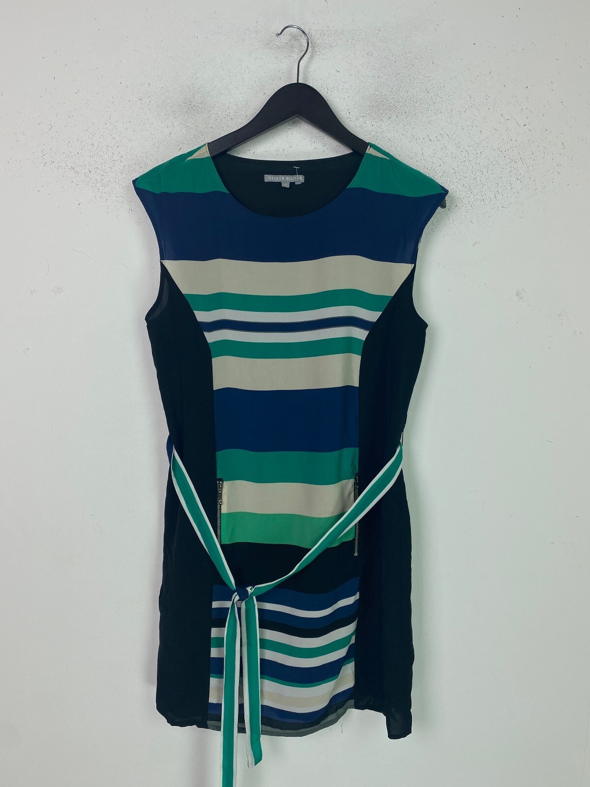 Oliver Bonas Blue Green Striped Mini Shift Dress Cap Short Sleeve Belted UK 10
