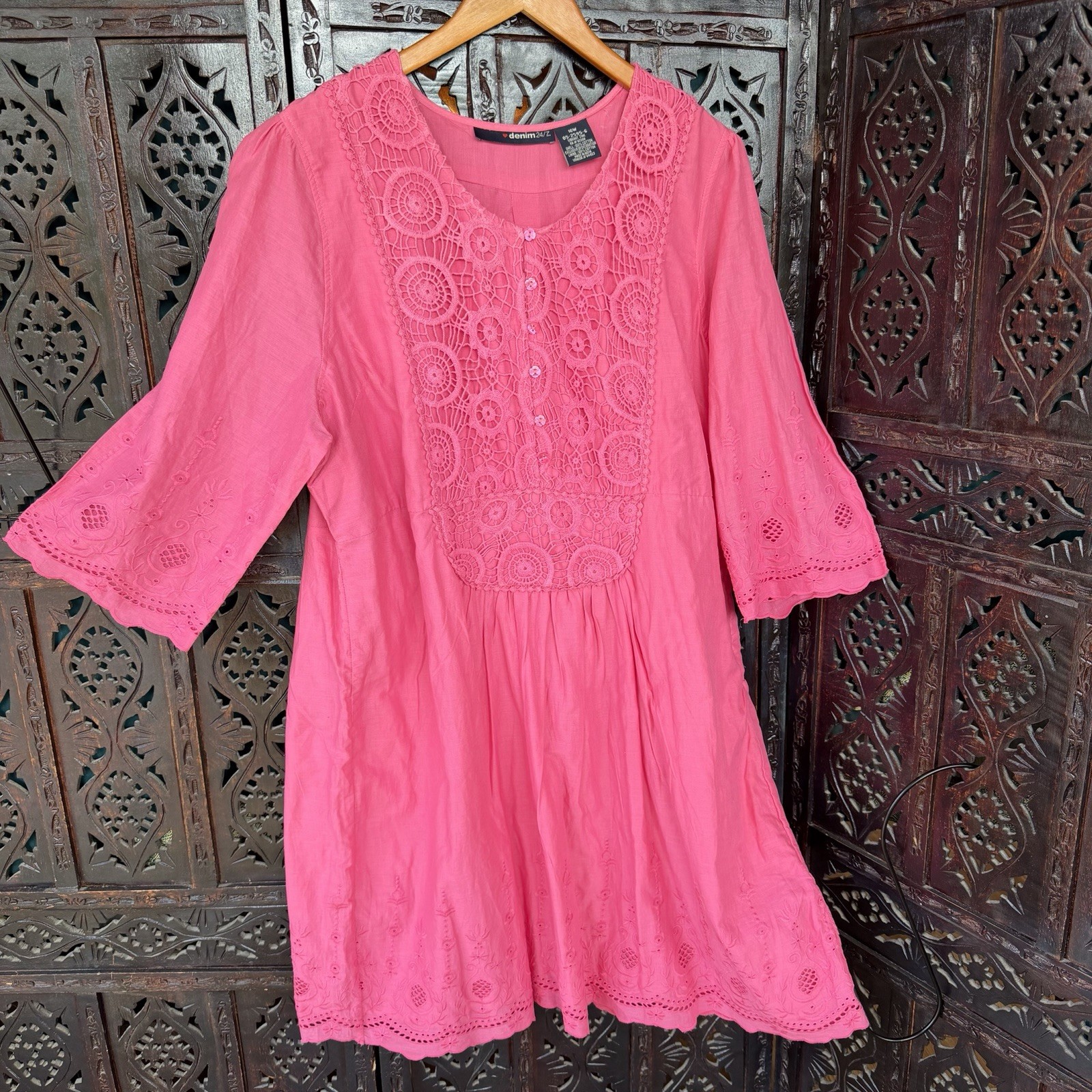 100% Cotton Embroidered Eyelet Dress Womens 16 W XXL Pink Boho Crochet Floral