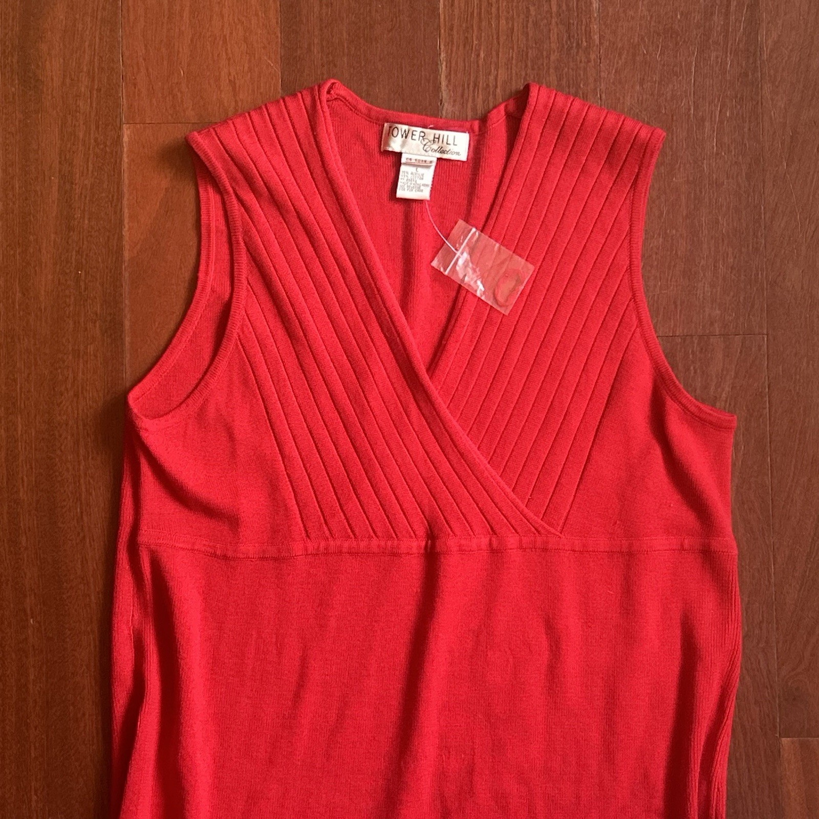 VTG Women’s Red Empire Waist Ribbed V Neck Dress Deadstock Made in Hong Kong