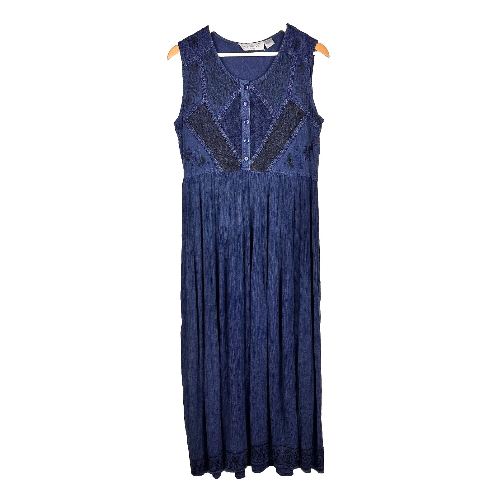 Vtg Lola P Maxi Dress Navy Sleeveless Embroidered Crinkle 80s 90s Boho Grunge PM