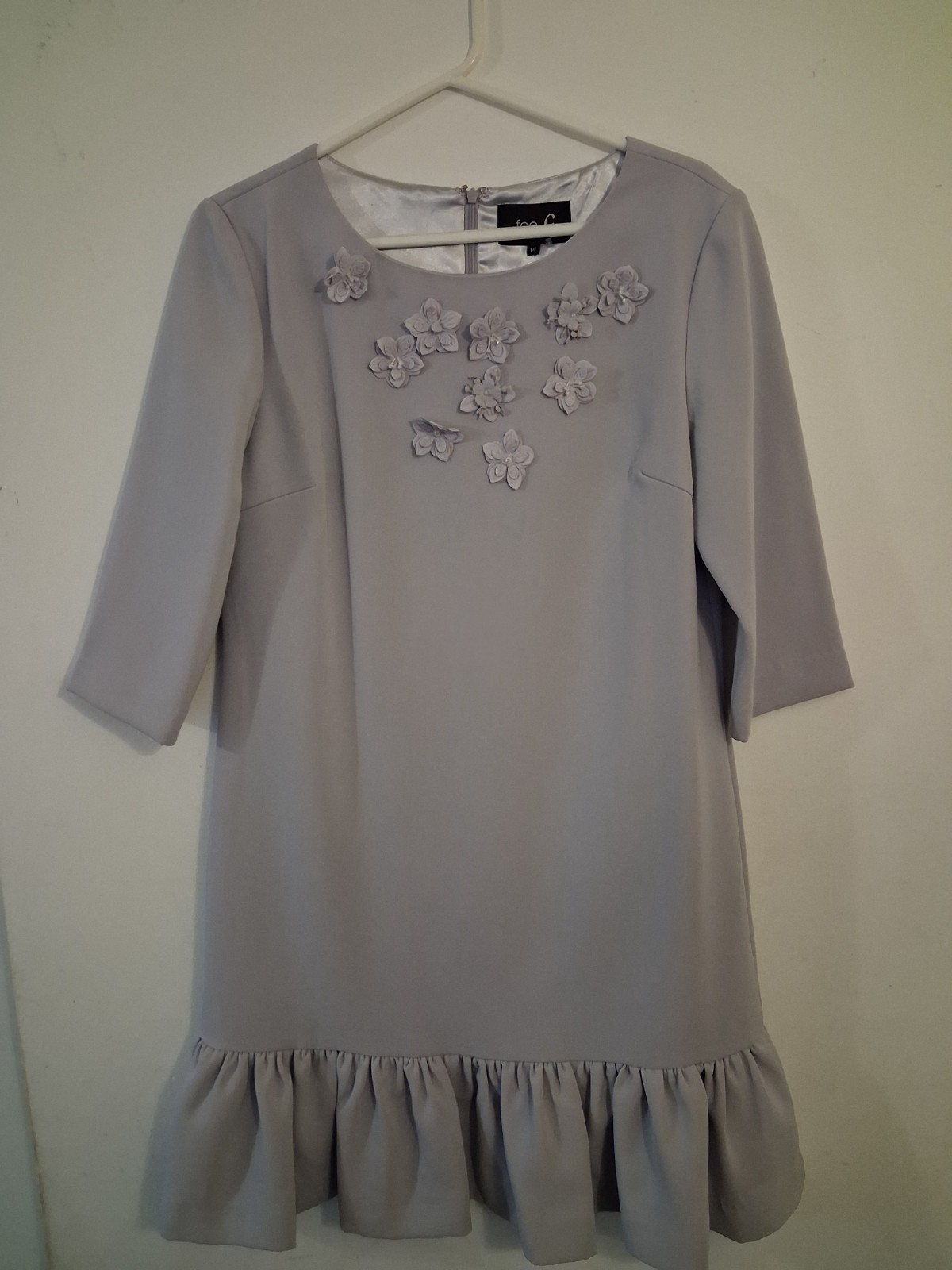 Fee G Grey Applique Beaded Floral Lined Dress, UK 14