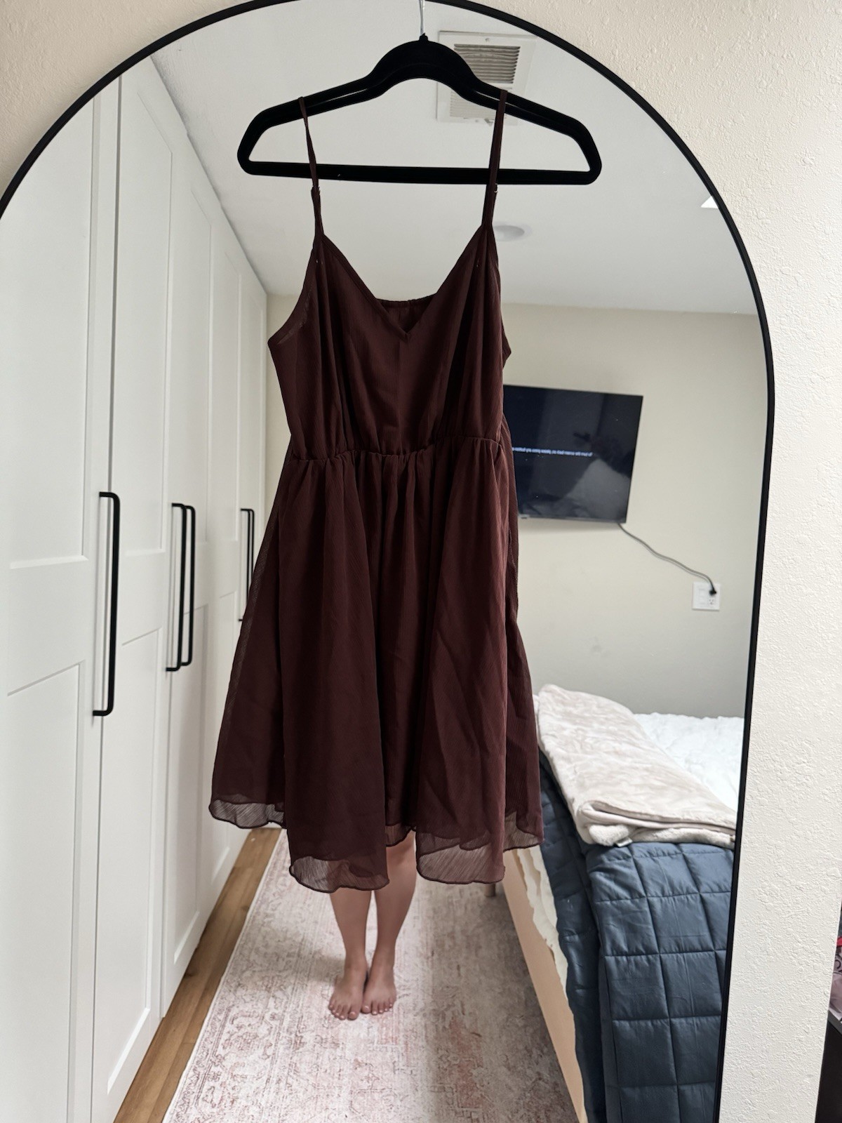 Nwt Commense Brown Semi-Sheer Chiffon Ruffle Dress with Cape Overlay Large