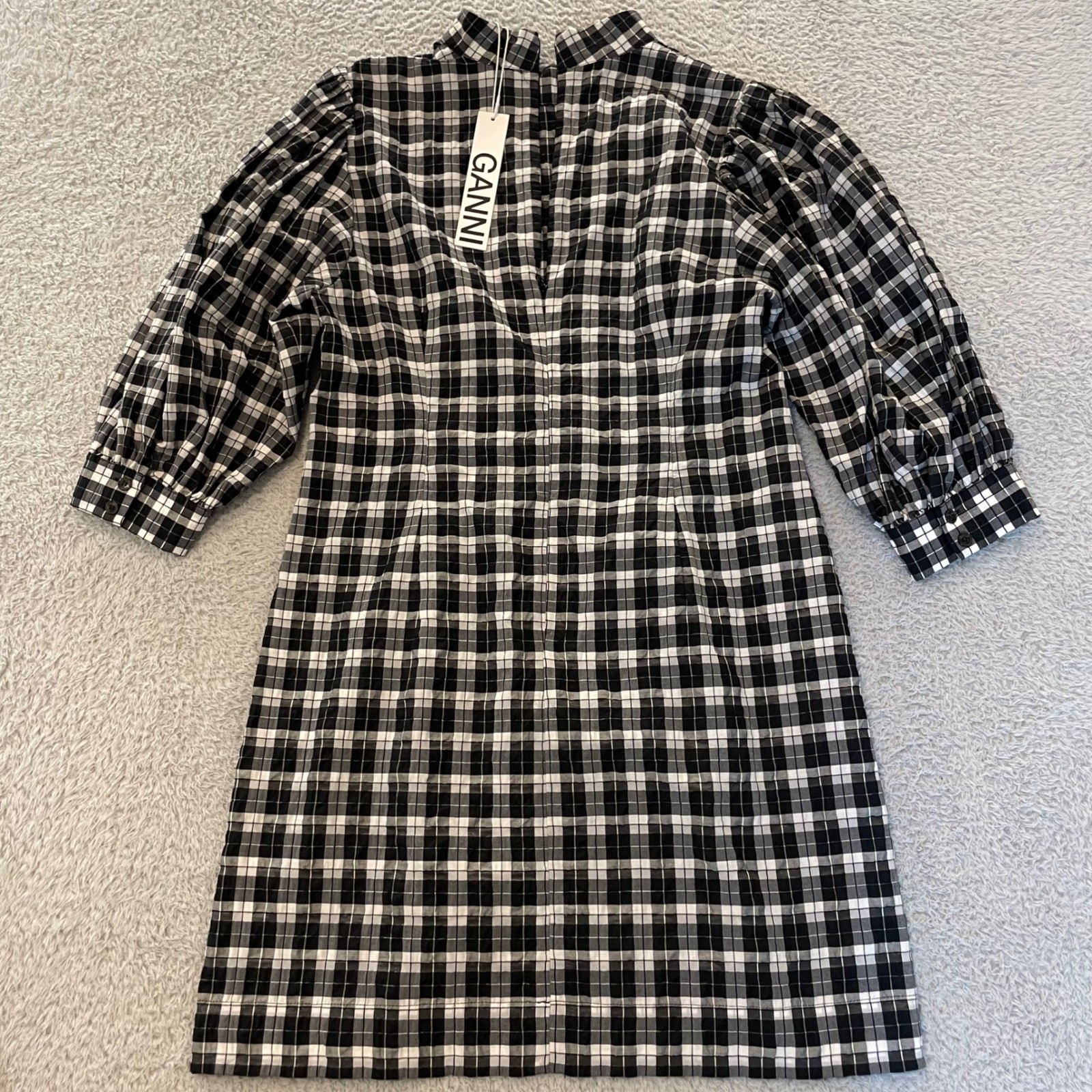 NWT Ganni Seersucker Puff Sleeve Mini Dress Women EU 44 US 14 XL Gingham 1/4 Zip