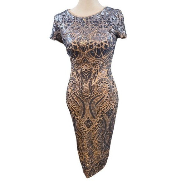 Betsey & Adam Navy Blue Tan Gold Sequin Damask Bodycon Midi Dress Size 6