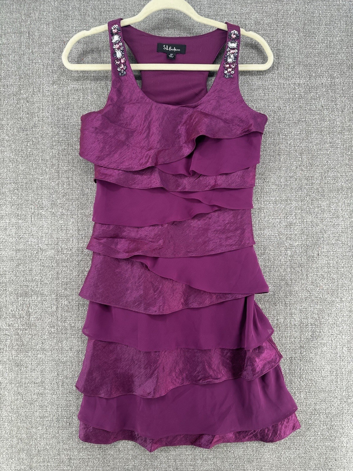 S.L. Fashions Purple Beaded Layered Ruffle Scoop Neck Dress 2P