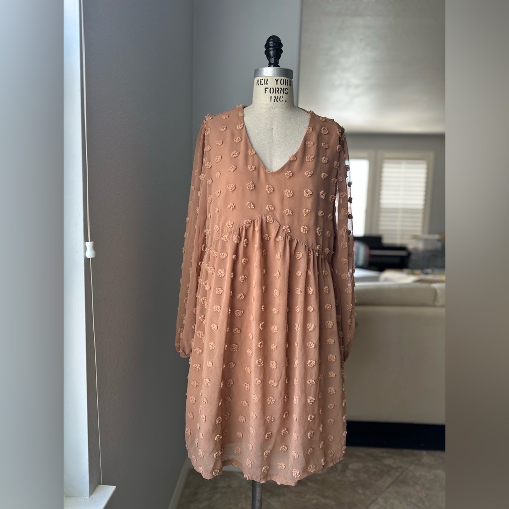 Kirundo Textured Pom Pom V-Neck Dress Mauve Taupe Size M