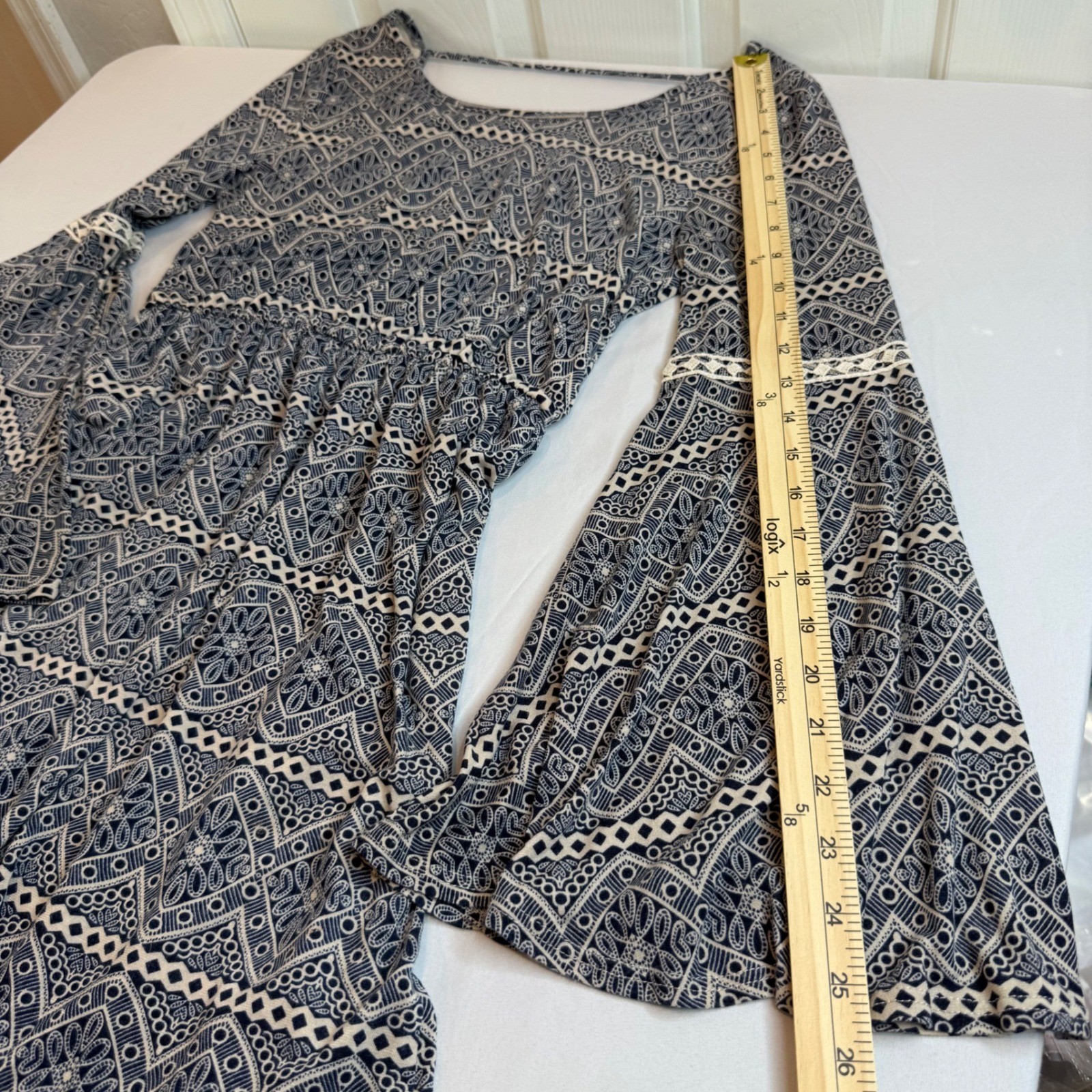 Bo Bel Navy Geometric Bell Sleeve Mini Dress Crochet Trim Boho Women Small