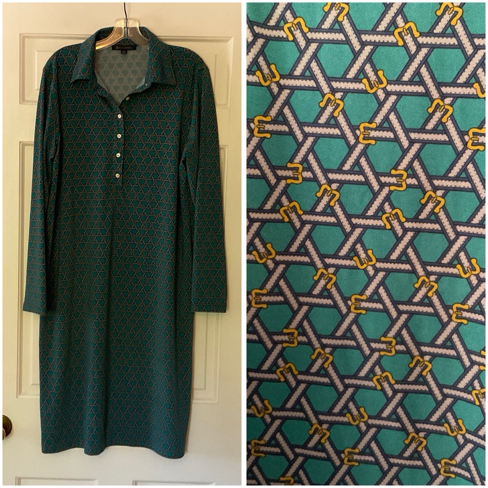 Brooks Brothers Popover Midi Dress XL Green Trellis Buckle Print Stretch Preppy