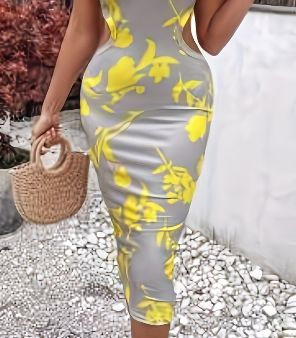 Medium. Midi Elegant Yellow & Grey, 1-Shoulder, Gorgeous Cutout Bodycon Dress