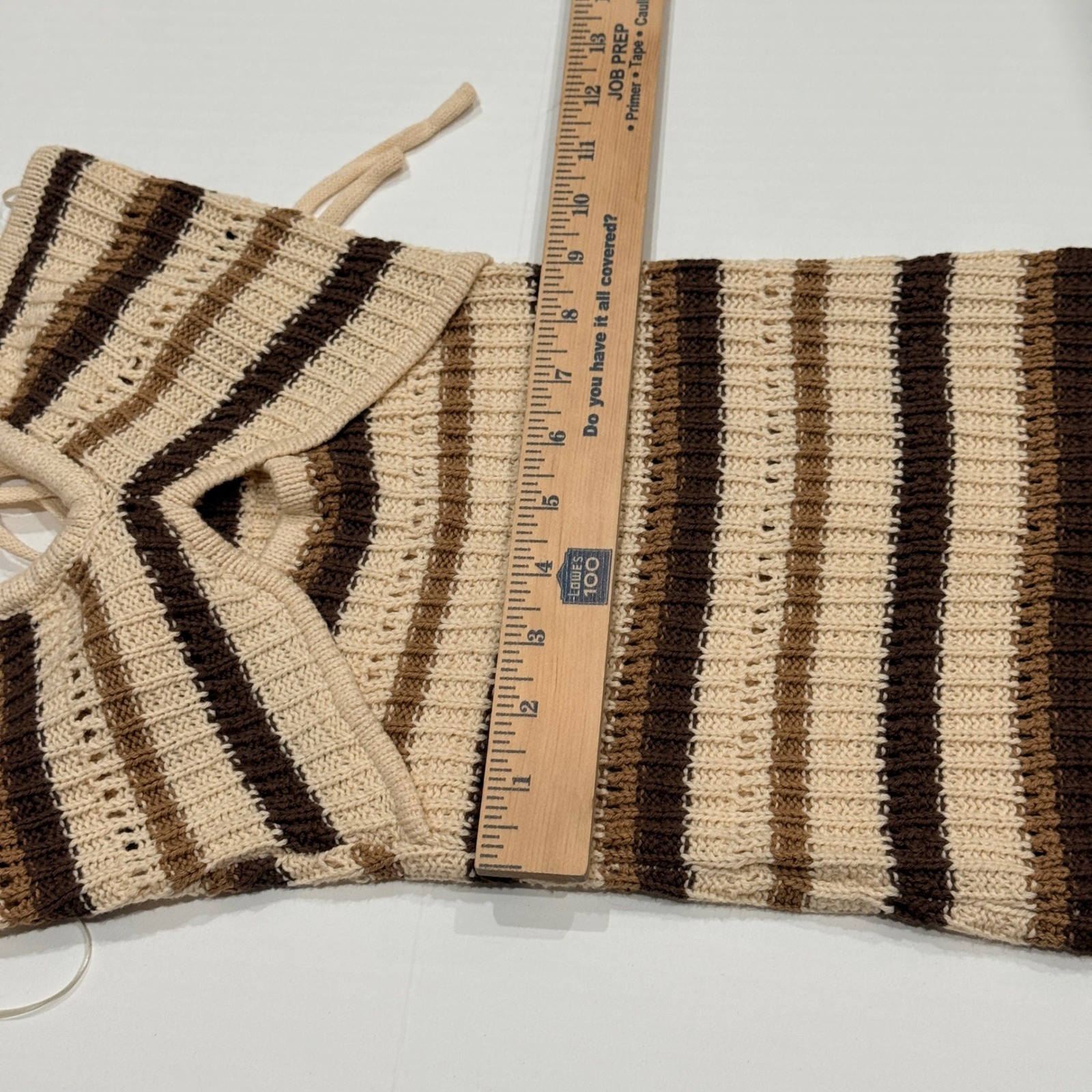 Et Clet Striped Crochet Knit Halter Neck Midi Dress Brown Beige Beach Coastal S