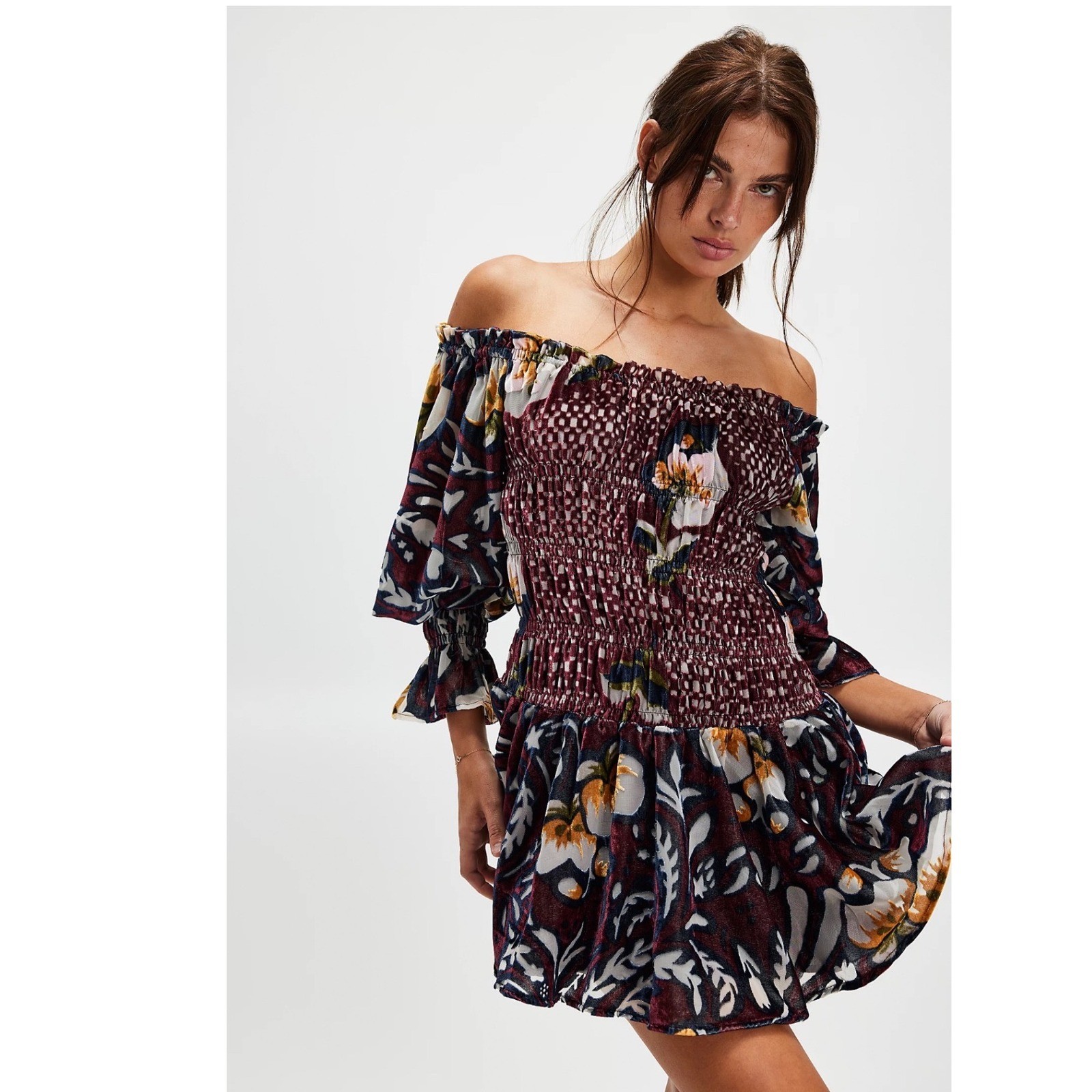 Free People Bali Aveline Velvet Smocked Mini Dress Floral Off Shoulder Boho Sz L