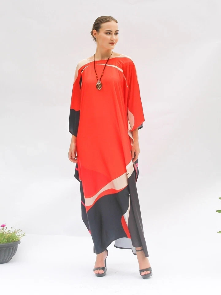 Most Beautiful Black & Red Caftan, Long Kaftan, Soft Satin Silk Kaftan J5823