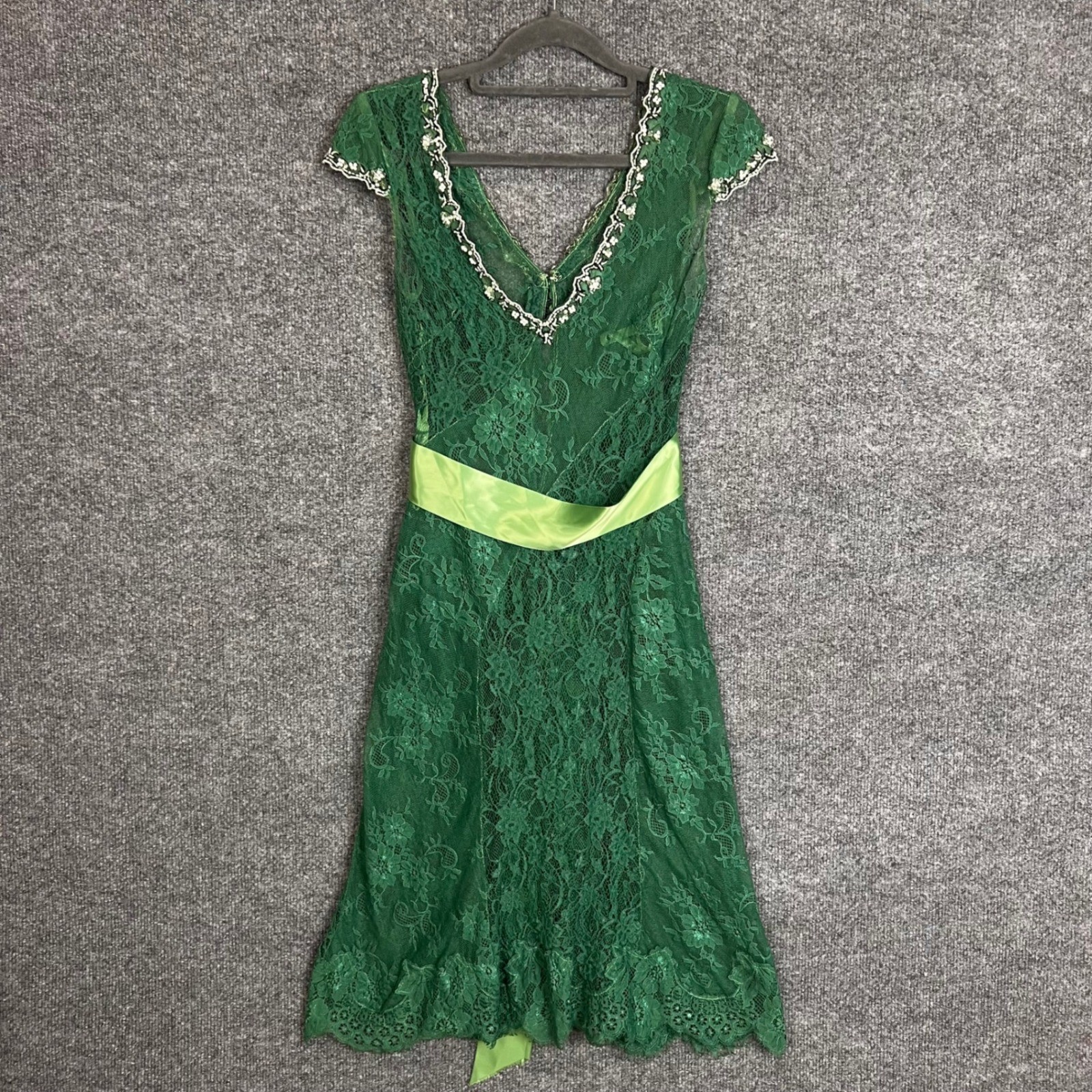 VINTAGE RARE Y2K Lace Beaded Dress Womens Small Green V-Neck Satin Sash
