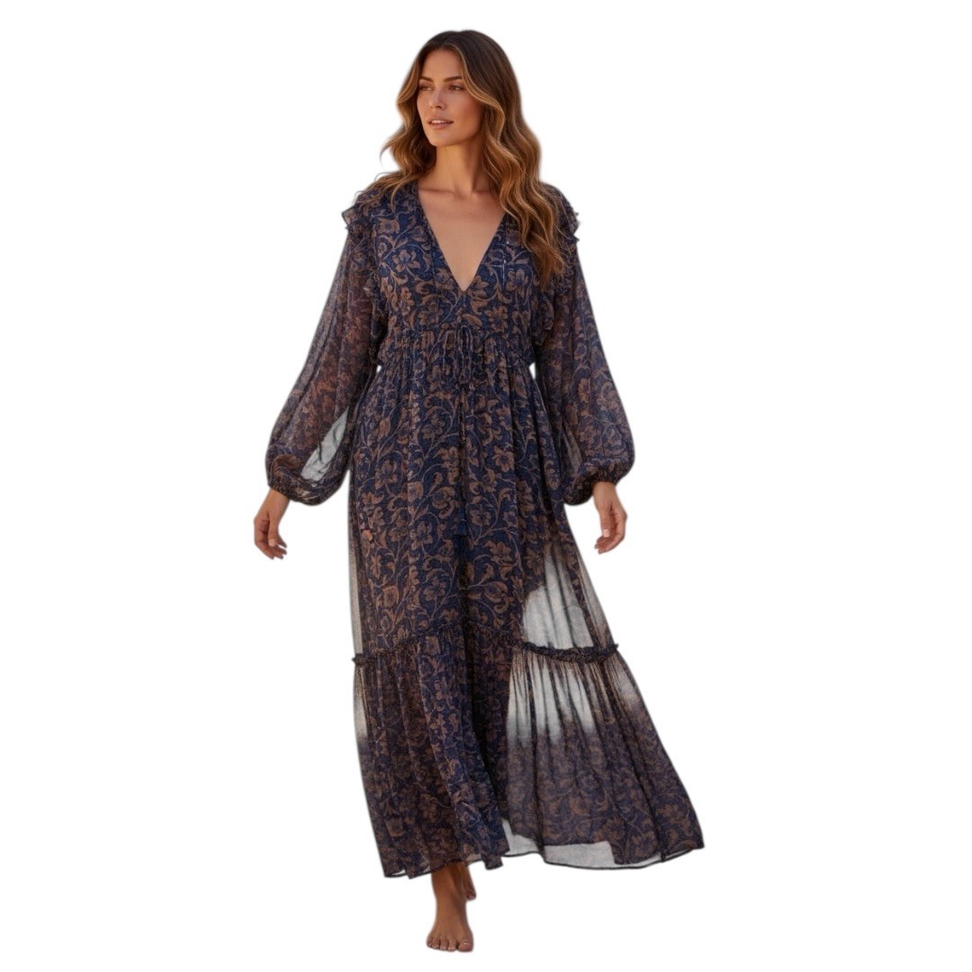 Figue Bohemian Maxi Dress M Floral Tassel Ruffle Sleeve Sheer Long Sleeve