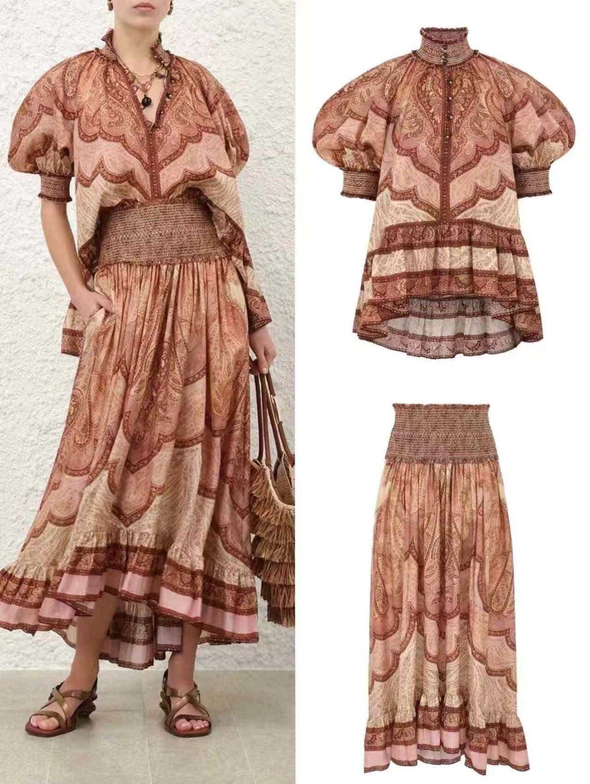 Zimmermann Resort Stand Collar Printed Top High Waist Elastic Ruffle Skirt Set