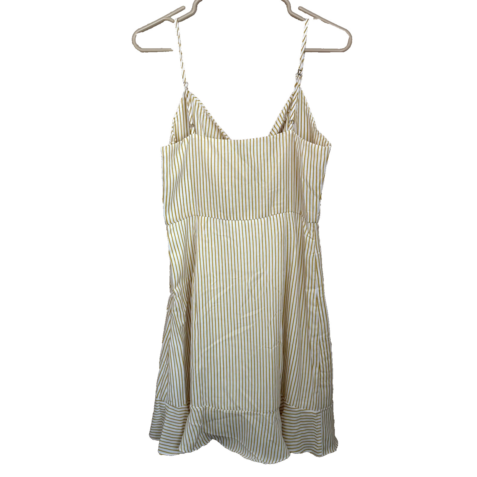 Boho Yellow White Striped Tie Front Ruffle Mini Dress Size M NWT Cottage Coastal