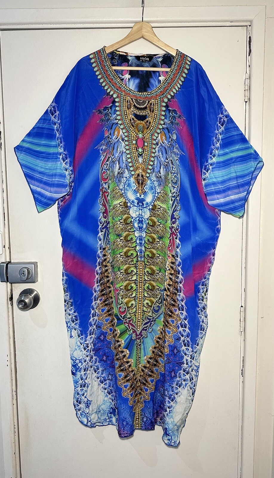 INOA 100% Silk Boho Kaftan Style Embellished Long Kimono Dress Size XL #34394