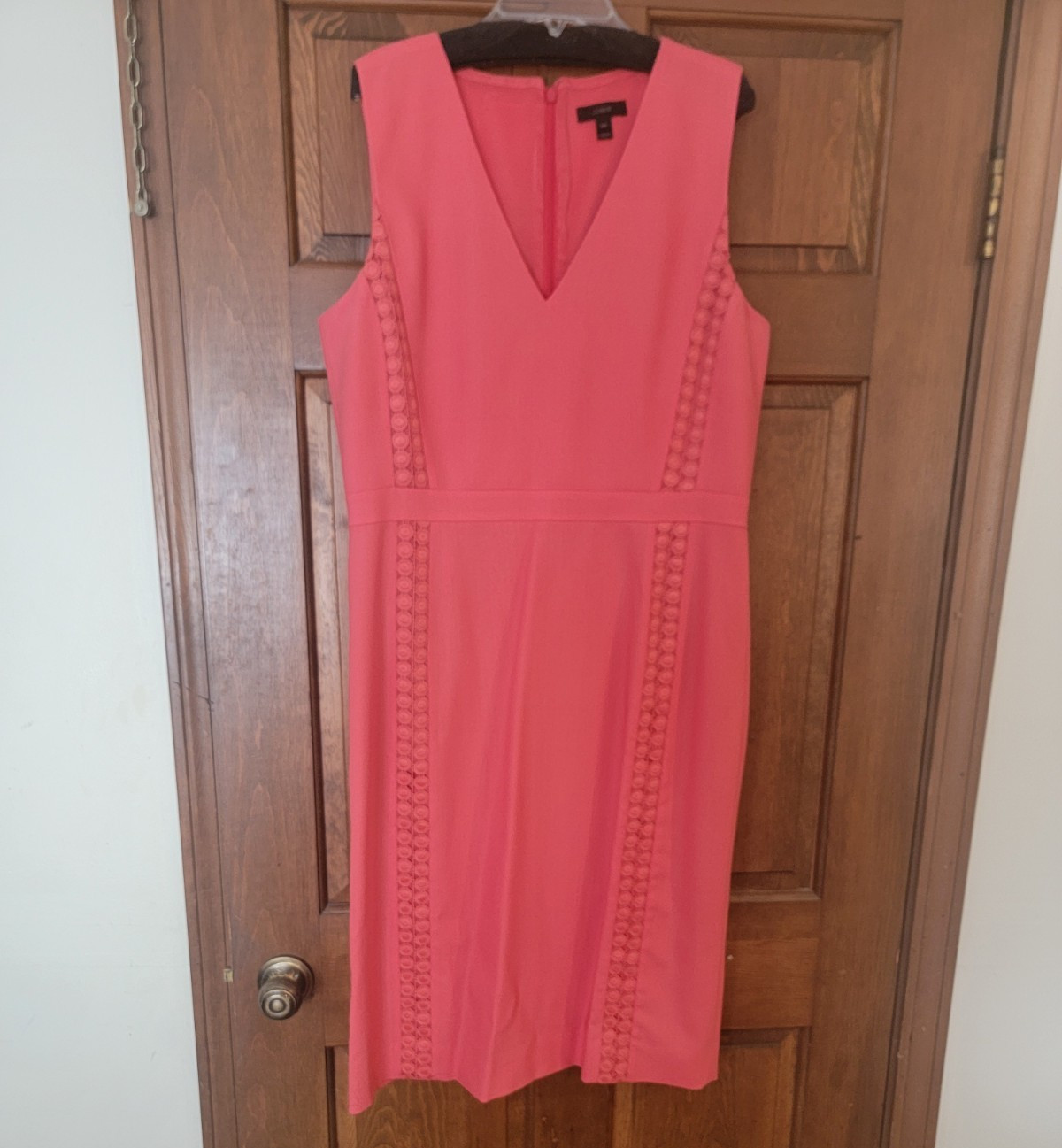 NWOT J.CREW Coral Pink Sheath Dress 14T Tall Sleeveless V-Neck Lace Accent