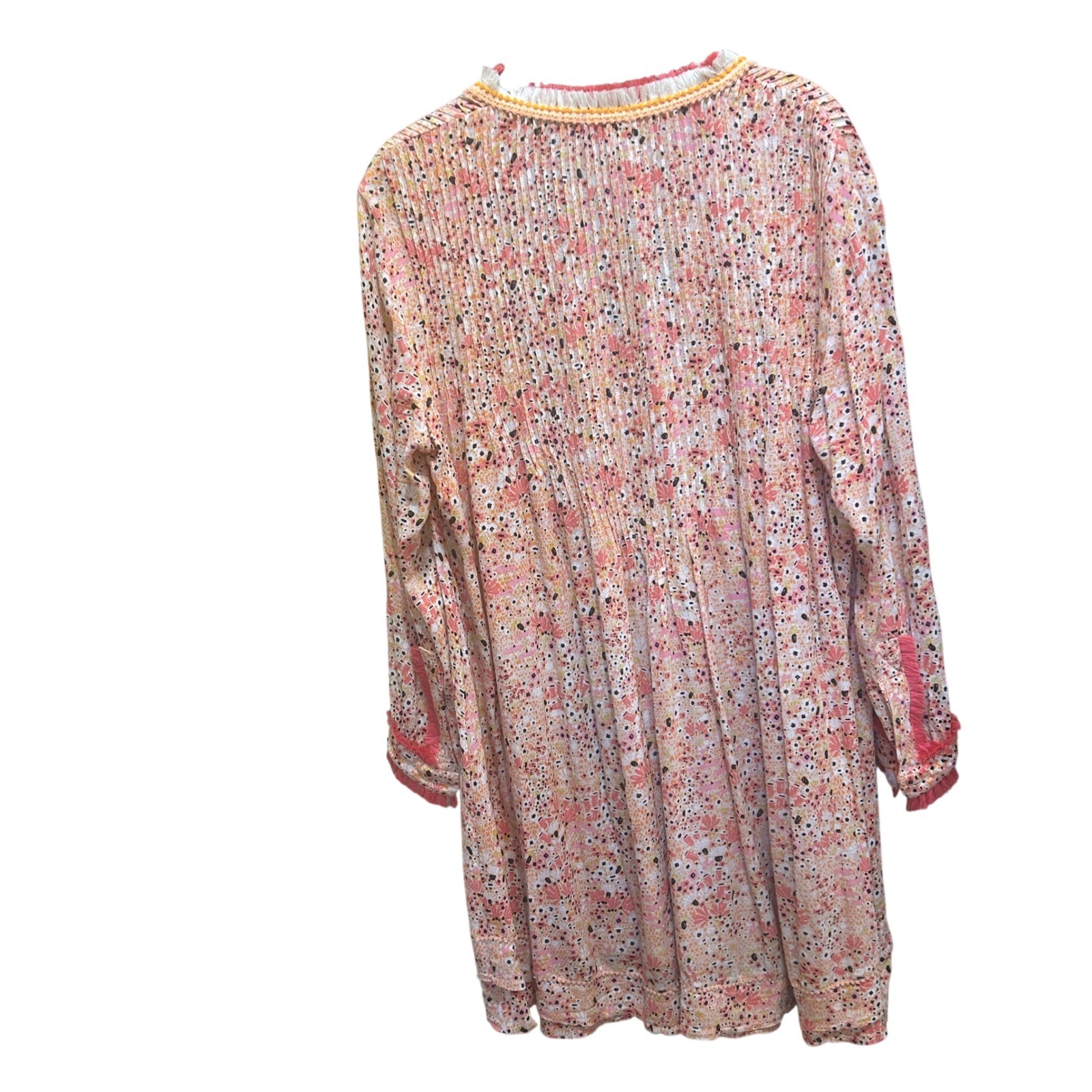 Poupette St Barth Mini Dress M Pink Orange Floral Fringe Pintuck V-Neck Boho