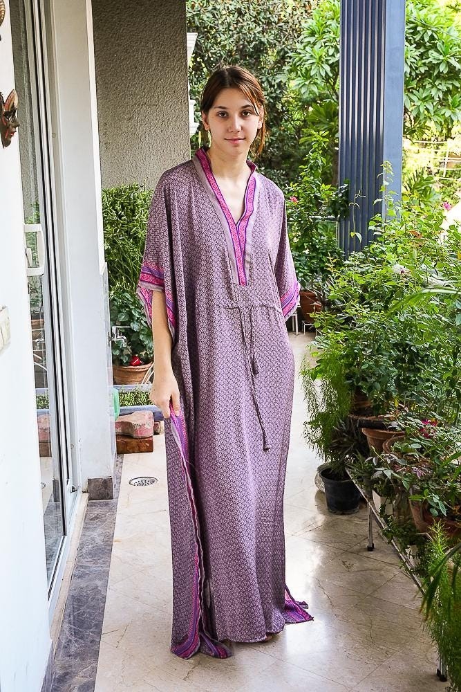 Silk Brown Kaftan / Handmade Flowy Maxi Dress / Resort Wear Outfit PS MFN1050