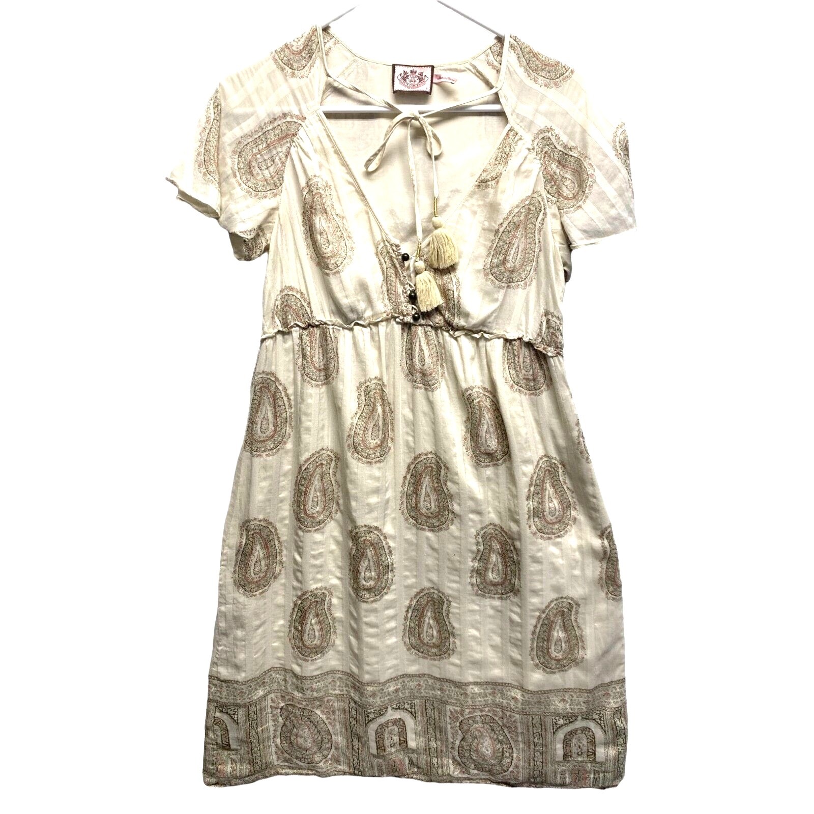 Juicy Couture ‘Paisley Tassel’ Cream Silk Blend Dress Sz 6 EUC Babydoll Boho