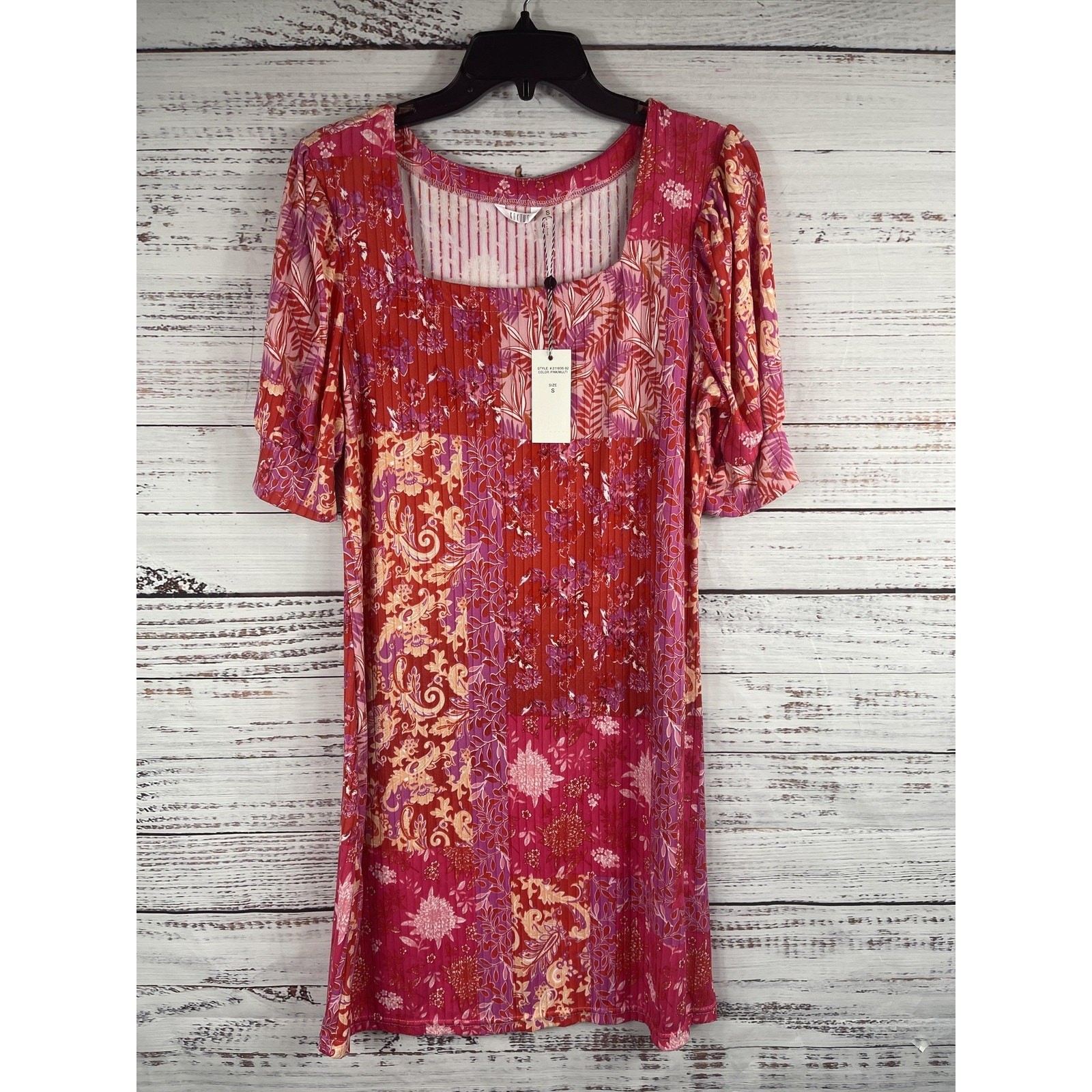 Kaktus Dress Women’s Size S Pink Multi Floral Patchwork Pleated Square Neck Boho