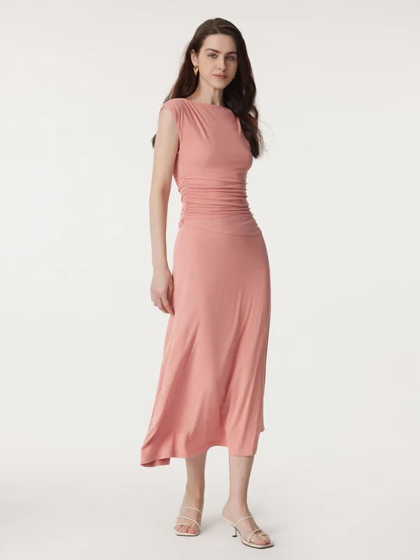 Women’s Side Ruched Maxi Dress Sleeveless Stretch Casual Long Dress, Sahara