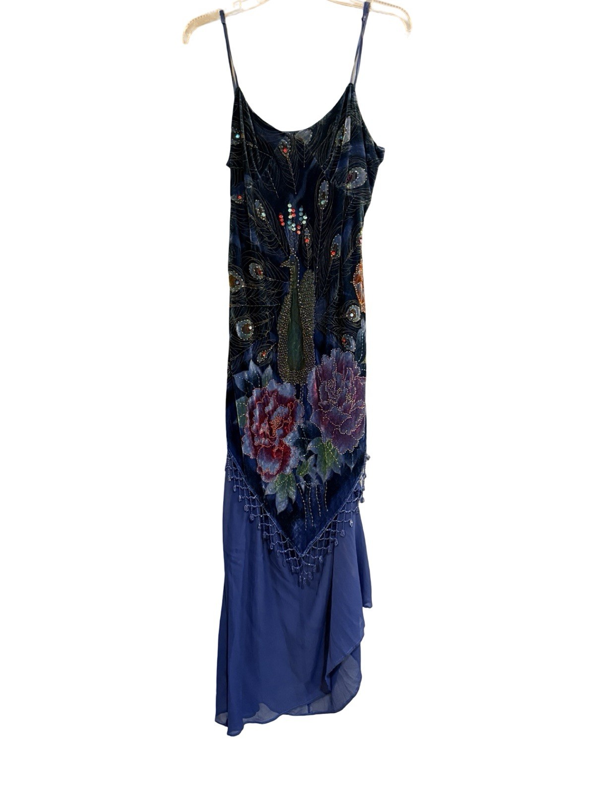 Vintage Deadstock Aris A Peacock Beaded Velvet Burnout Maxi Dress Made USA