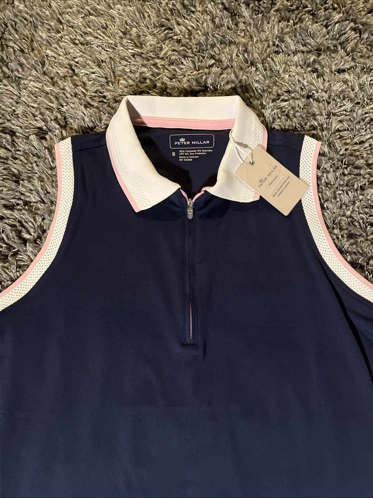NWT Peter Millar Polo Dress 1/4 Zip Small Navy Blue-White Pink Trim Golf Tennis