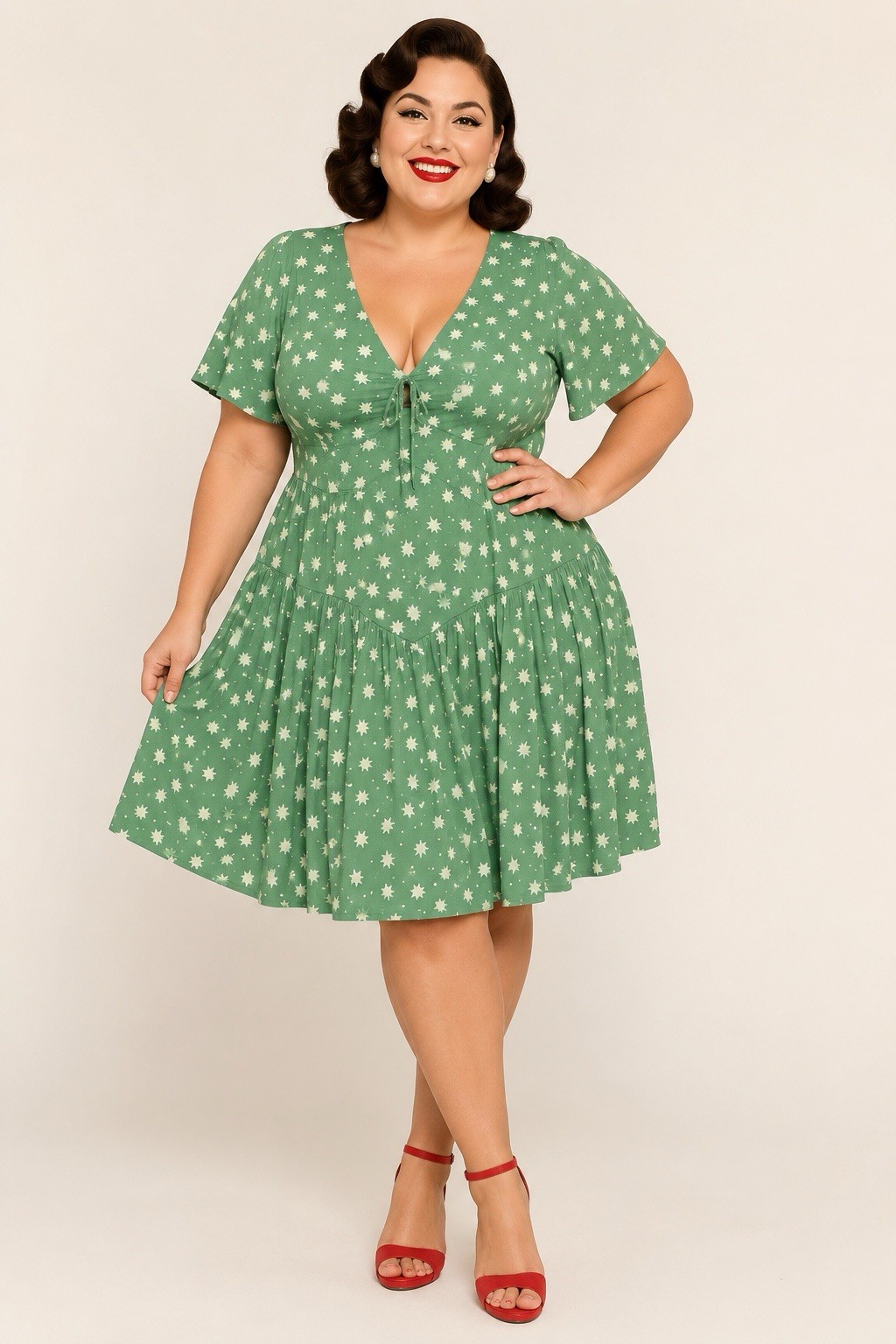 NWT Torrid RetroChic Plus 18 Size Green Star Print Fit & Flare Midi Dress