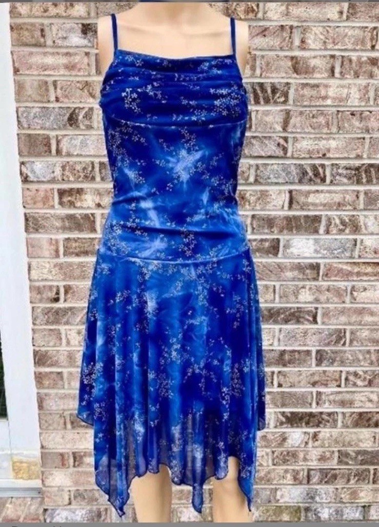 Vintage 90s/Y2K Blue Tie Dye Floral Glittery Asymmetrical Dress