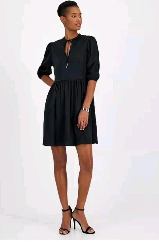 BOSS Orange Dorena A-Line Dress Women’s S Black Tie Neck Elbow Sleeve Pullover