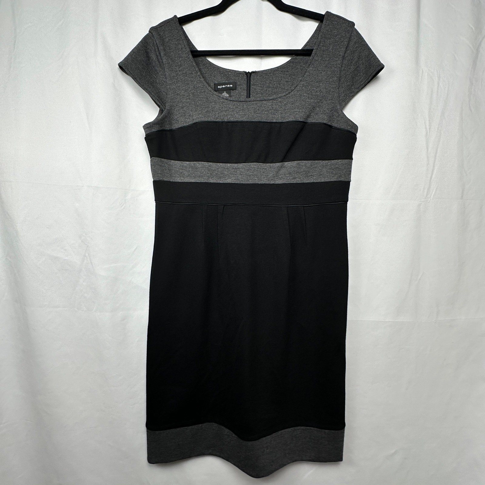 Preppy Classic Colorblock Sheath Dress Black Gray Cap Sleeve Spense Business Cas