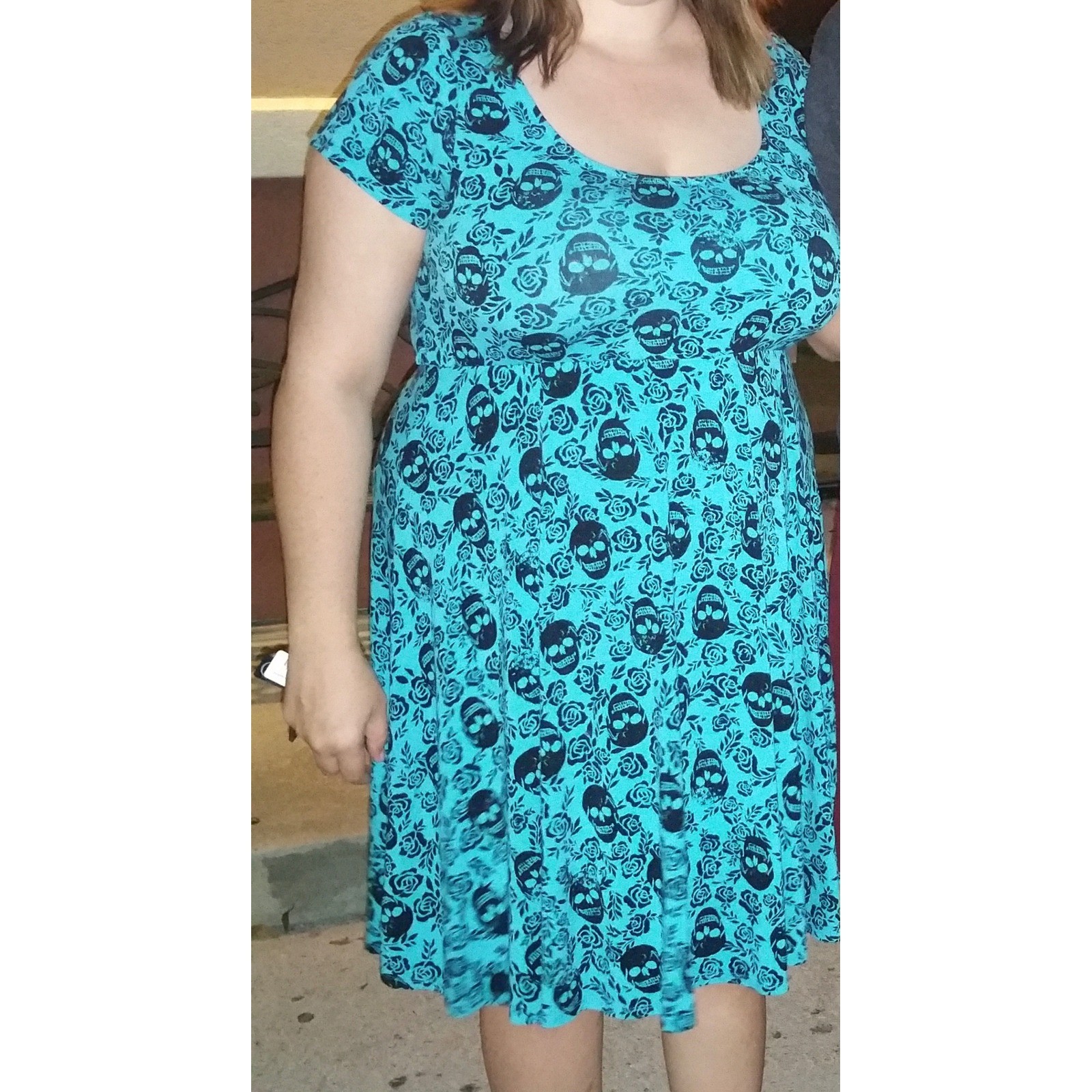 Teal Black Skull Rose Skater Dress 2X Keyhole Back Short Slv Goth Emo Skate Punk