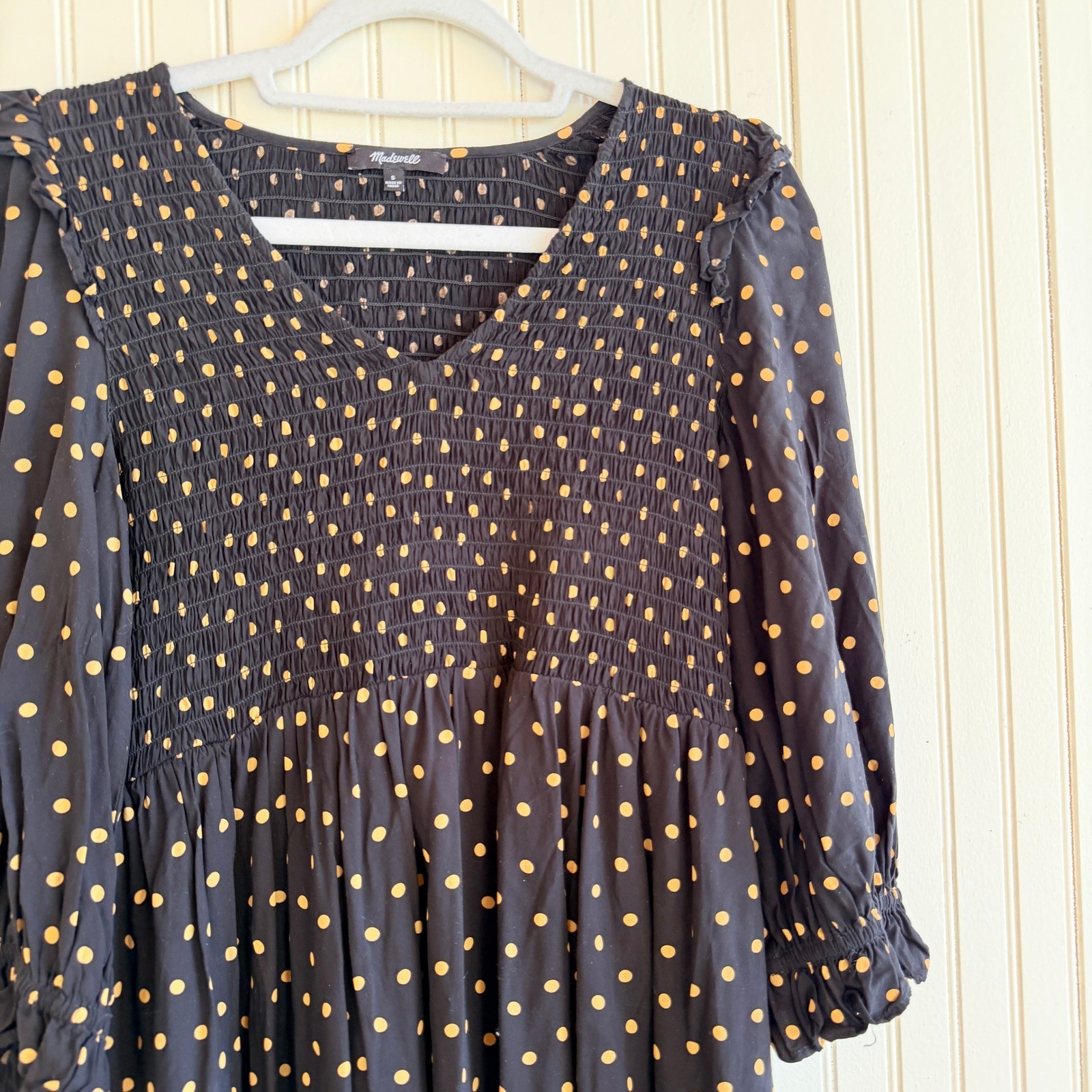 Madewell Smocked Ruffle Shoulder Mini Dress Black Gold Polka Dot Viscose Small