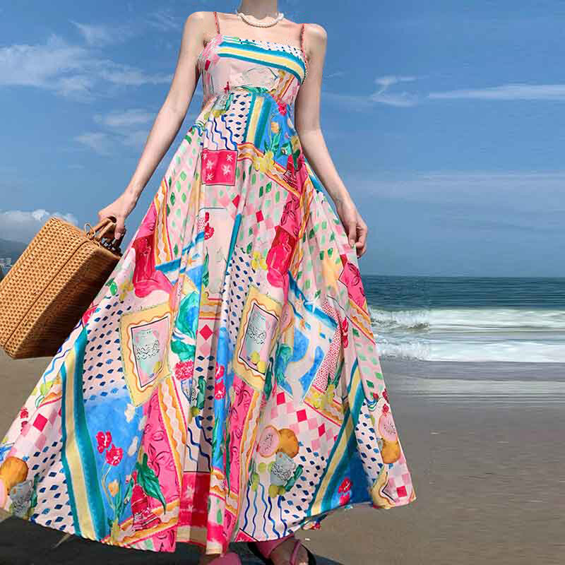 Spring Women’s New Style Elegant High Waist Printed Strap Casual Fashion Dress