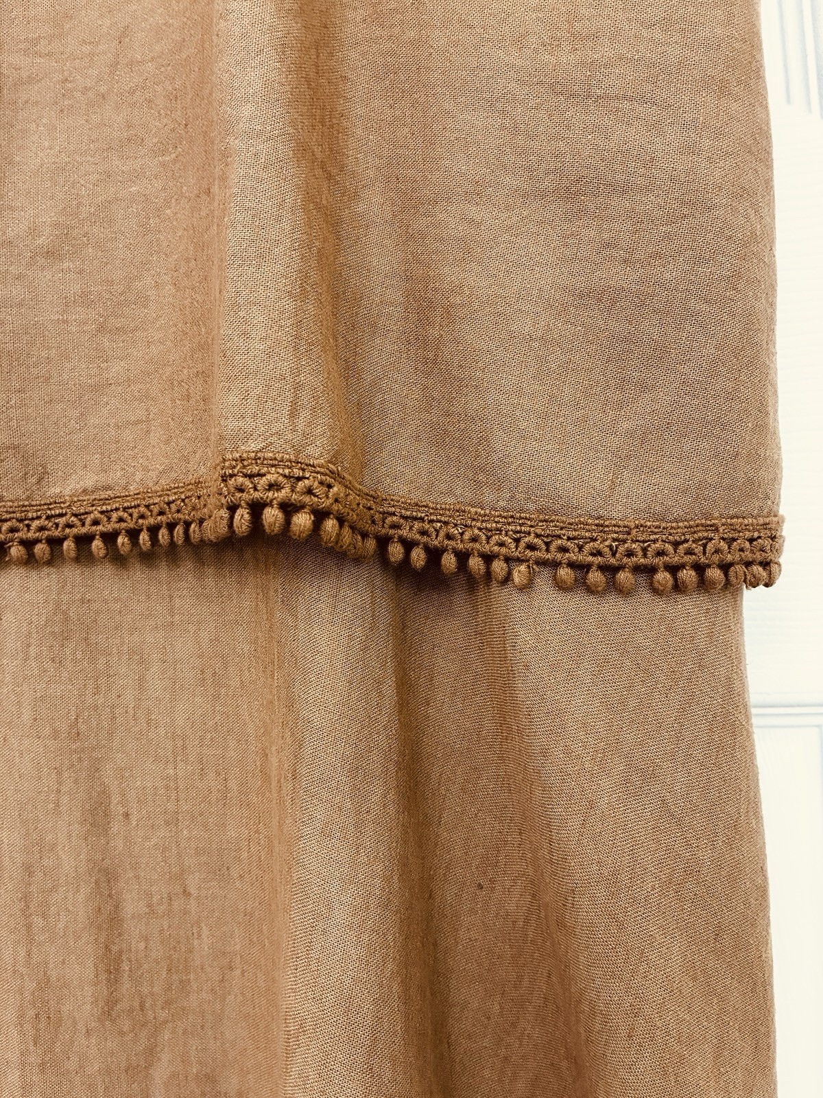 Cristina Vergano Brown Linen Blend Slip Dress L Scoop Neck Knee Pom-Pom
